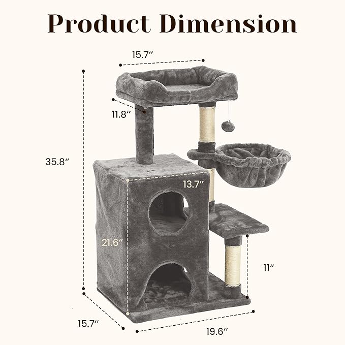Fansafurn Cat Tree Tower for Indoor Cats, 36-inch Adult Cat Tree House for Large Adult Cats with Steps, Scratching Post, 2 Cat Condo, Dangling Toys, Light Grey