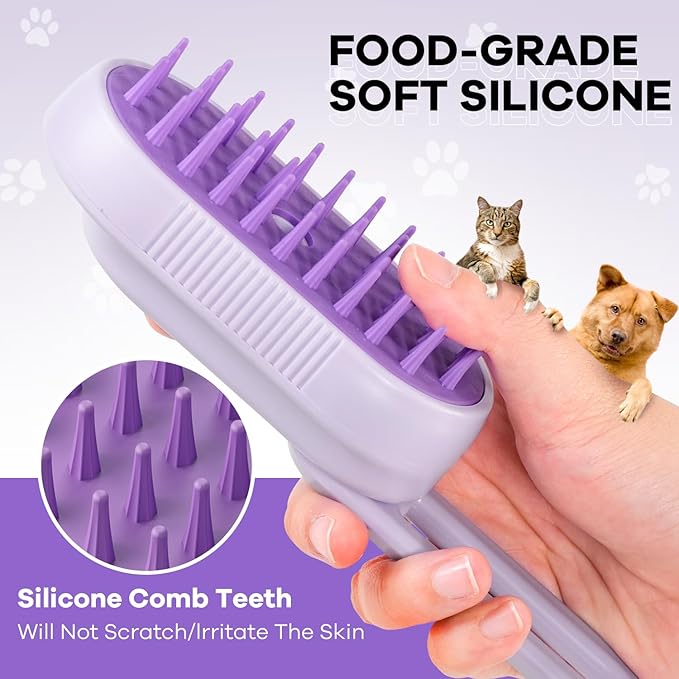 Cat Steam Brush for Shedding, 4 in 1 Cat Steamy Brushs Cleanser with Foldable Handle, Pet Spa Brush for Cats, Spritz Defur Comb for Pets, Steam Brushs for Cats (purple)