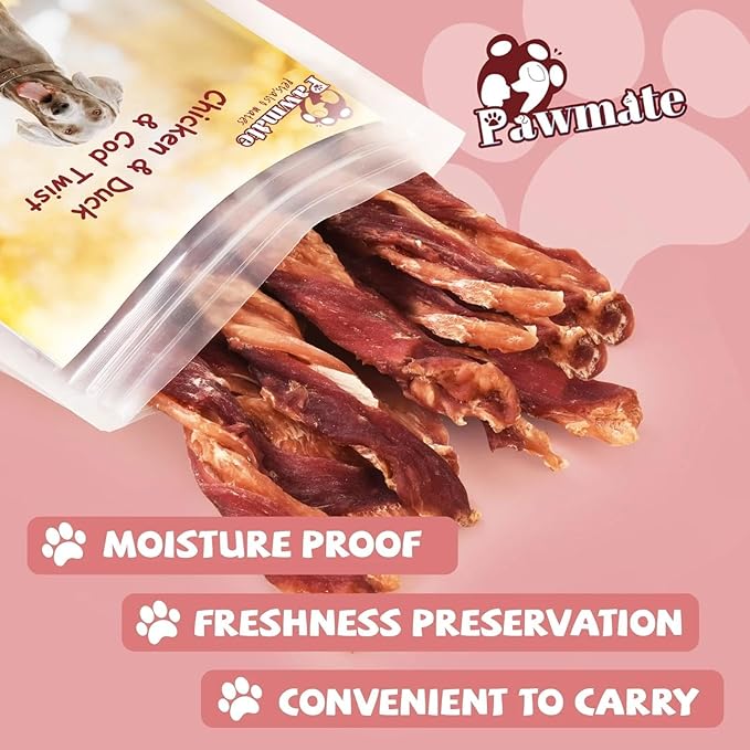 Pawmate Dog Jerky Treats Triple Flavor Chicken Duck Wrapped Cod Twisted Sticks 5'', Rawhide Free Grain Free Dog Training Snacks Chews for Small Medium Large Dogs, 10.6 oz