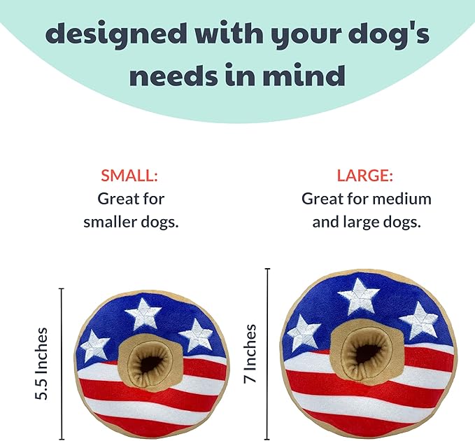 Huxley & Kent for Dogs | Stars & Stripes Donut (Large) | Power Plush Dog Toy with Squeaker | Funny Dog Gift | Fun, Durable, and Safe | H&K Squeaky Dog Toys