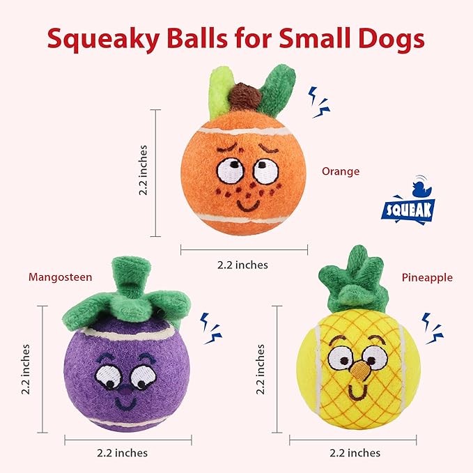 Gigwi Squeaky Tennis Balls for Dogs, Interactive Dog Balls with Colorful Fruit Plush Cover, Pet Bounce Toy 2.2" for Small Dog Indoor & Outdoor Fetch Play, 3-Pack