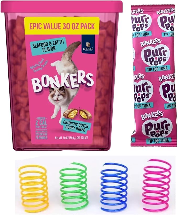Bonkers Cat Treats, Seafood & Eat It Flavor, Crunchy & Gooey, 30 oz Value Pack with Free Seafood Purrpop Sample, Plus 4 Cat Spring Toys