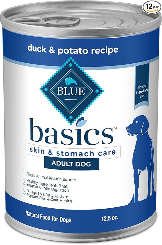Blue Buffalo Basics Adult Grain-Free Wet Dog Food for Skin & Stomach Care, Limited Ingredient Diet, Duck & Potato Recipe, 12.5-oz. Cans (12 Count)