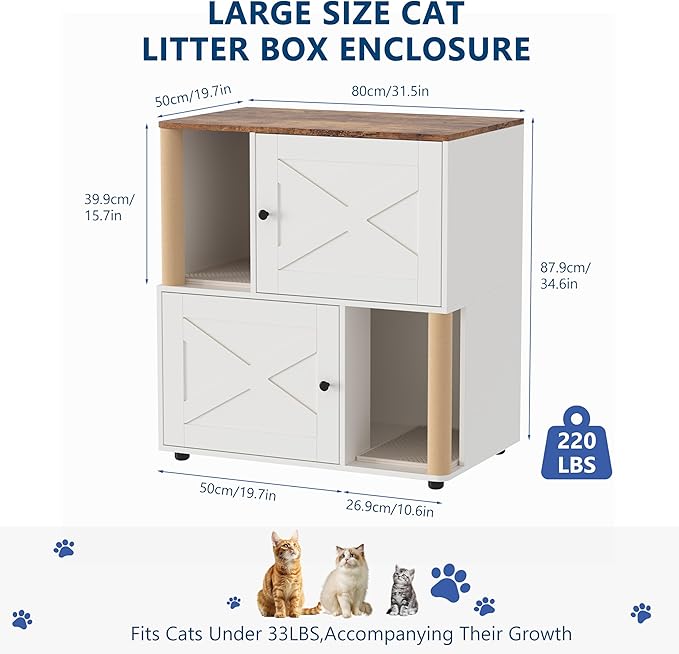 Double Cat Litter Box Enclosure Furniture for 2 Cats – Modern Wooden Cabinet, Marking Post, Litter Mats, Odor Control, Dog-Proof, Hidden Washroom, End Table – X-Door White