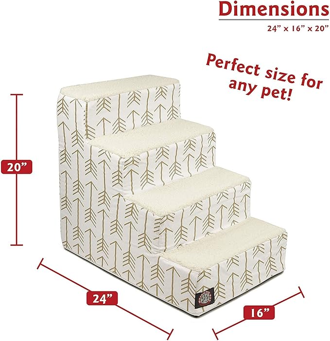 Majestic Pet 4 Step Portable Dog Stairs for Small Dogs to get on Bed Supports 250 lbs or Less – Dog Steps for High Bed with Machine Washable Cover –Pet Stairs for Cats Arrow White/Gold