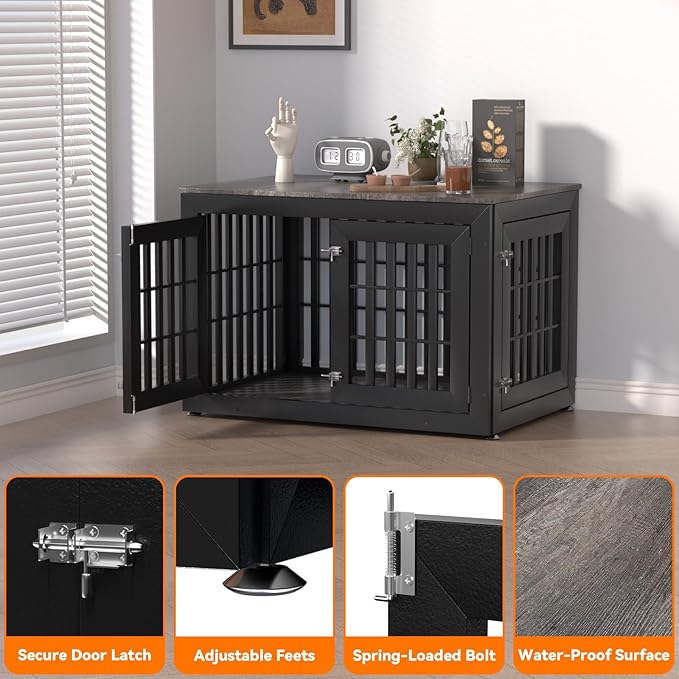 Snuowu 42" Heavy-Duty Dog Crate Furniture for Large/Medium Dogs, XL Wooden Dog Cage Kennel Indoor Furniture, Decorative Pet House End Table, Black & Grey