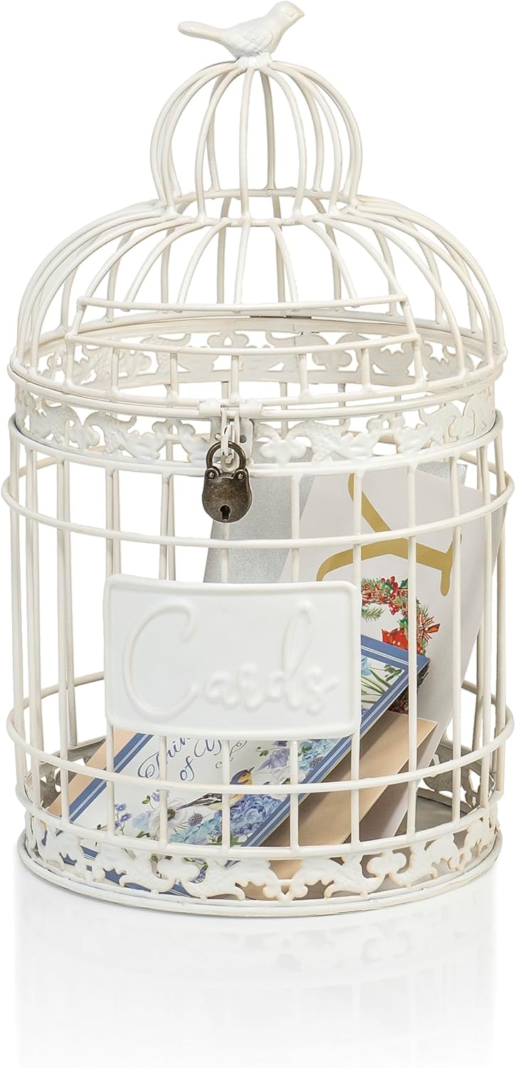 Red Co. 9.5” Dia Round Decorative Rustic Lockable Metal Birdcage Wedding Card Holder, White