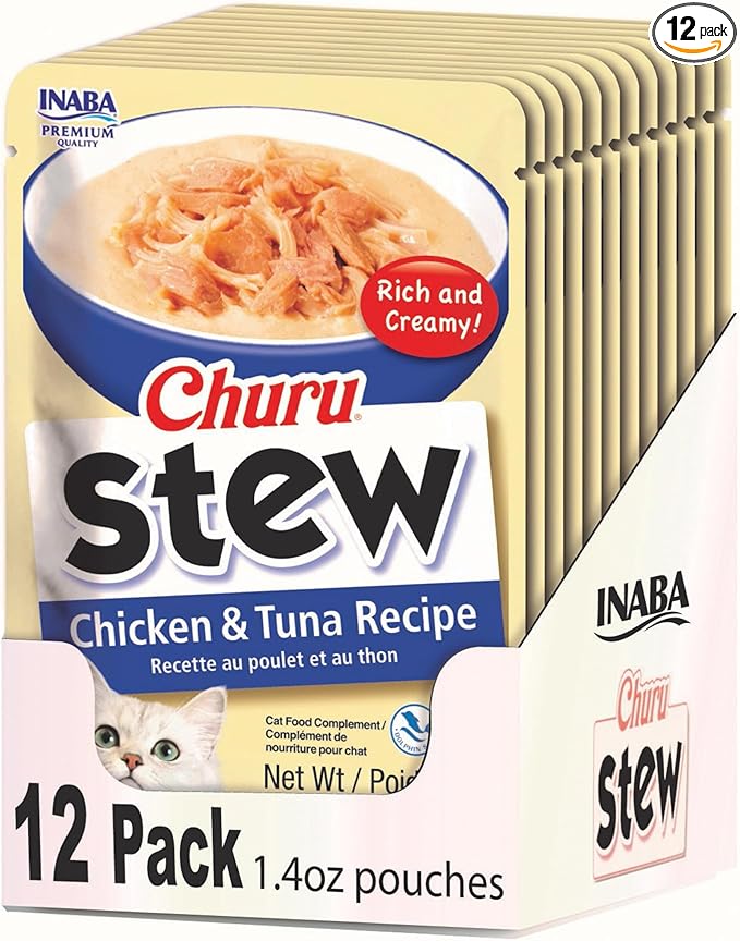 INABA Churu Stew for Cats, Side Dish Pouch with Vitamin E, 1.4 Ounces per Pouch, 12 Pouches, Chicken & Tuna Recipe