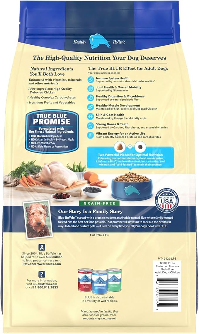 Blue Buffalo Life Protection Formula Natural Grain Free Adult Dry Dog Food, with Chicken and Potatoes, 4 lb. Bag