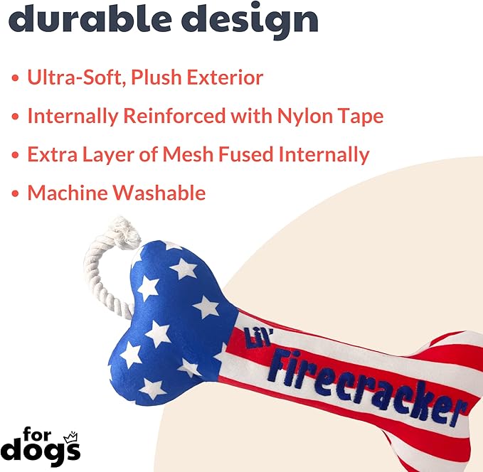 Huxley & Kent for Dogs | Lil' Firecracker Bone (Large) | 4th of July Funny Dog Toy | Power Plush Dog Toy with Squeaker | Dog Gift | Fun, Durable, and Safe | H&K Squeaky Dog Toy