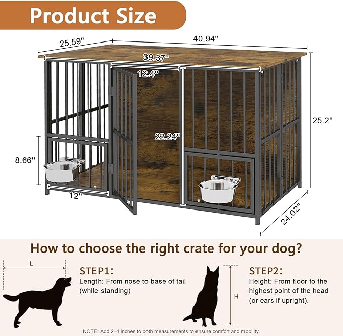 Hadulcet Foldable Dog Crate Furniture, 41'' No Assembly Indoor Dog Kennel with Storage Top, Wooden Dog Crate Table for Small to Medium Dogs, Furniture Style Dog Cage with 2 Bowls Rustic Brown