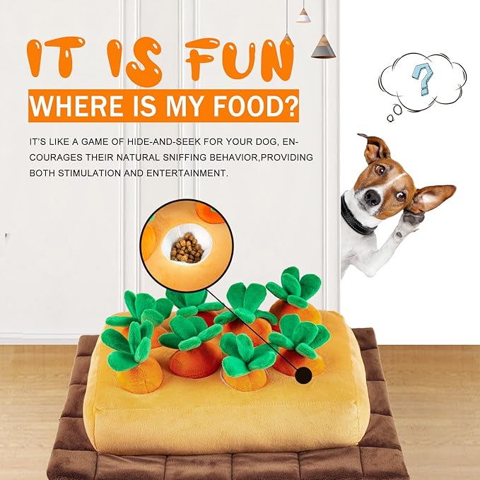 JOYELF Hide and Seek Plush Dog Toys, Interactive Squeak Dog Toys Teething Chew Toys Plush Carrot Field Educational Toys for Small Medium Large Dogs and Cats with 8 Carrots