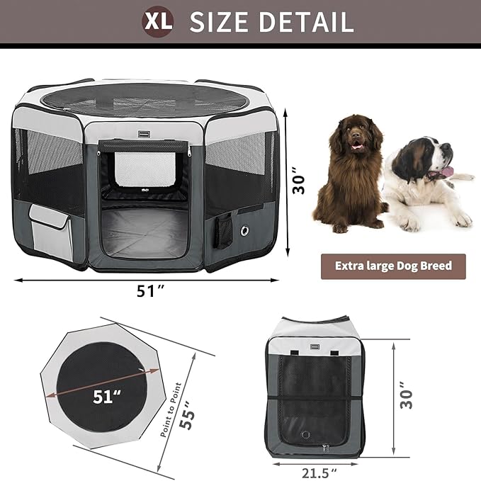 DONORO Dog Playpen Portable Pet Play Pens for Small Dog/Cat/Rabbit/Chicks, Cat Playpen Indoor/Outdoor with Carring Case, Removable Zipper Top and Bottom (Gray, Medium (36"x36"x20"), 8)