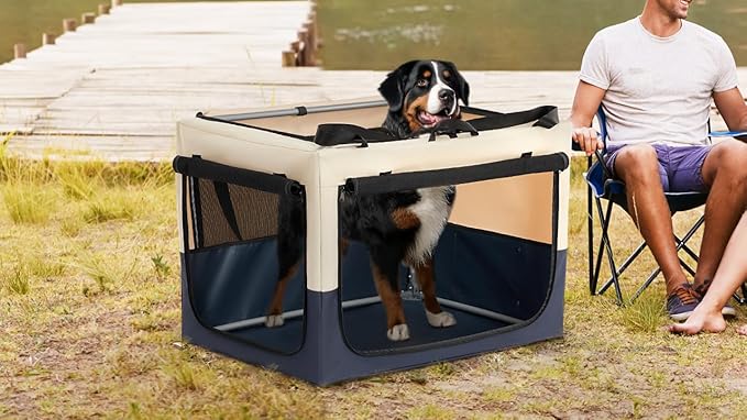 PETSFIT 36" Soft Portable Dog Crate – Patented Spiral Sturdy Frame, Collapsible Travel Kennel for Medium & Large Dogs, 3 Mesh Door, Lockable Zippers, Indoor & Car Use Navy Blue