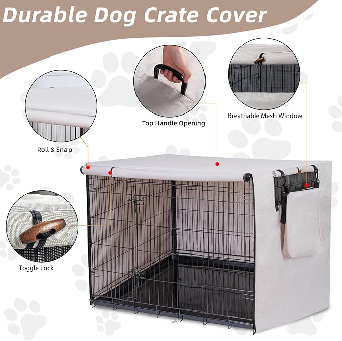 Dog Crate Cover for Anxiety, Water-Resistant & Windproof 600D Oxford Kennel Cover with Storage Bag, Calming Indoor Outdoor Pet Crate Cover for 30 Inch Wire Crates, Machine Washable, Beige