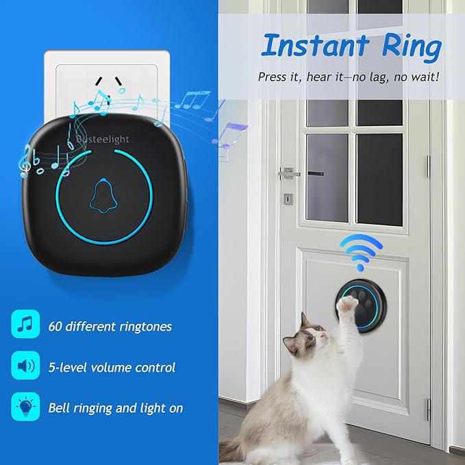Soft Ring Blk Dog Bells to Go Outside - Wireless Dog Door Bell with 1000ft Range, 60 Melodies, LED, Waterproof Potty Training Bell for Dogs - Dog Door Bells for Potty Training(1 Bell & 1 Receiver)