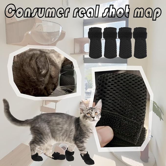 4 Packs Anti Scratch Cat Boots, Adjustable Cat Claw Protectors Covers, Black Breathable Mesh Cats Mittens Foot Covers for Indoor Cats Pet Bathing Cutting Nails（M）