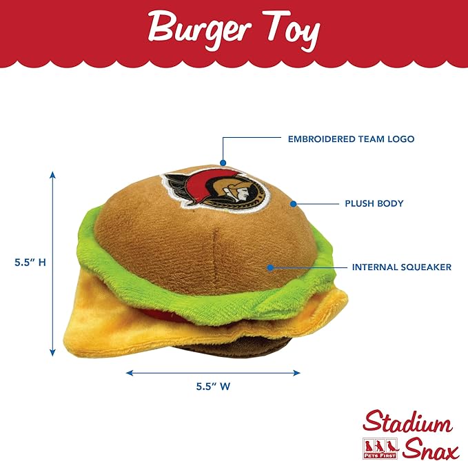 Pets First NHL Ottawa Senators Crinkle Fine Plush Dog & Cat Squeak Toy - Cutest STADIUM HAMBURGER Plush Toy for Dogs & Cats with INNER SQUEAKER & Beautiful Hockey Team Name/Logo