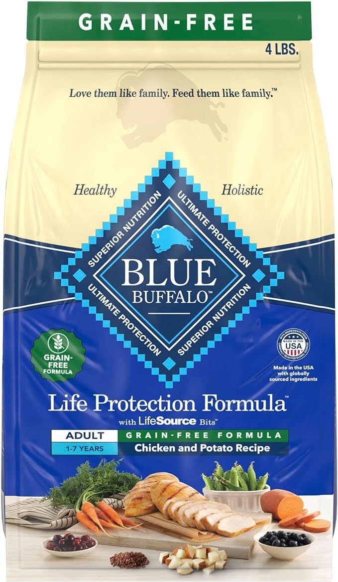 Blue Buffalo Life Protection Formula Natural Grain Free Adult Dry Dog Food, with Chicken and Potatoes, 4 lb. Bag