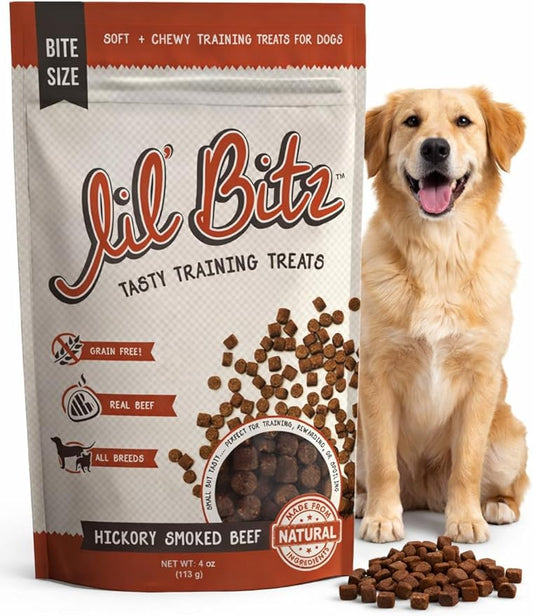 Lil' Bitz Soft & Chewy Training Treats for Dogs, Bite Size Reward Treats for Training & Positive Reinforcement, Grain Free Dog Treats Made with Real Beef, Hickory Smoked Beef Flavor, 4 oz Bag