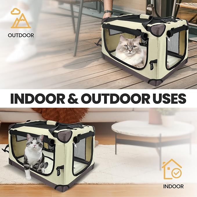 PEGIC Large Cat Carrier for Car Travel, Soft Sided Collapsible Pet Carrier for Outdoor and Indoor Uses, Roomy Extra Large Carrier for 2 Kittens, Large Cat or Puppies up to 50lbs, Brown