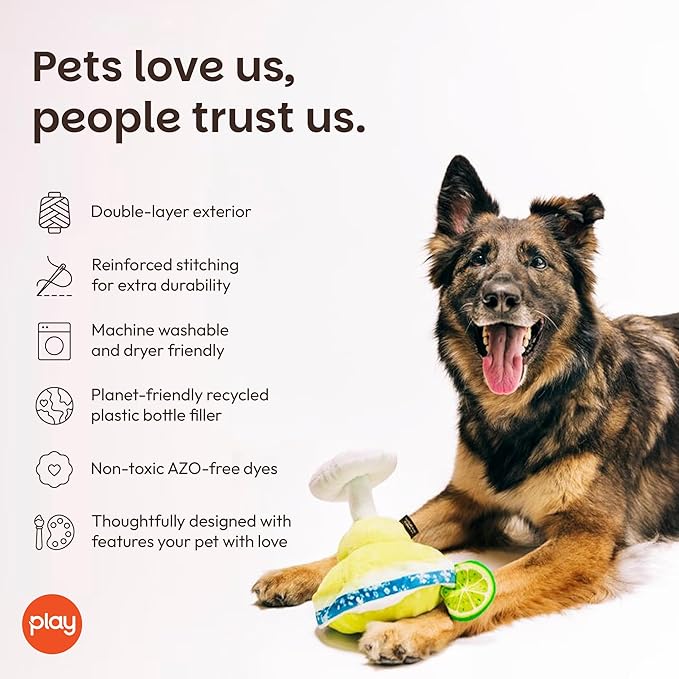 P.L.A.Y. Cute Plush Dog Toys - Barktender Bar & Drink Themed Durable Squeaker Toy, Great for Puppies & Small, Medium, Large Dogs - Hidden Rope, Crinkle, Machine Washable, Recycled Material (Margarita)