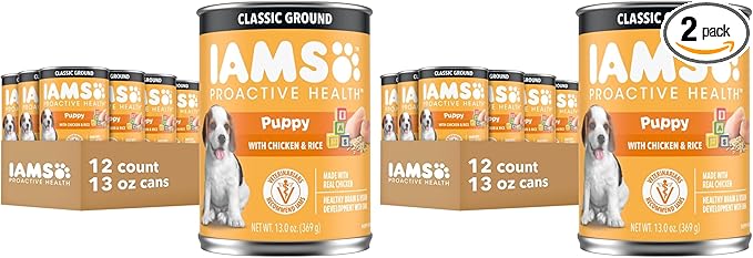 IAMS Proactive Health Puppy Wet Dog Food, Classic Ground Dog Wet Food, with Chicken and Rice, 13 oz. Cans 12 Count (Pack of 2)