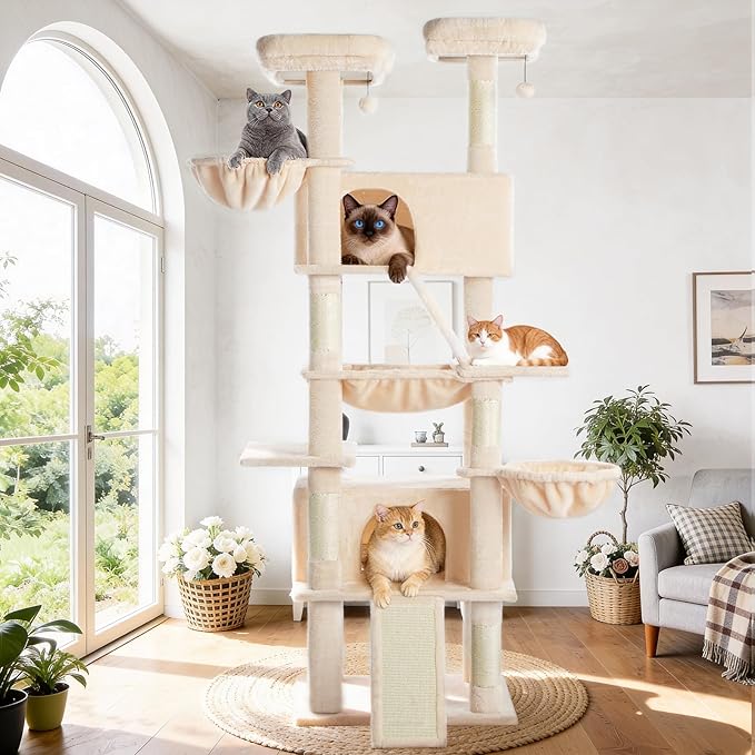 ABCPET Cat Tree 82 in Multi-Level Cat Tower for Indoor Cats, Heavy Duty Large Cat Tree with Sisal Scratching Posts, Hammock, 2 Perches, 2 Condos, 2 Hanging Baskets, Beige