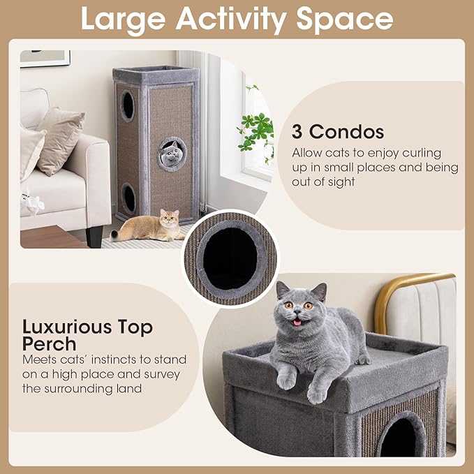 PETSITE 4-Story Cat Tree Condo Barrel Tower, 39 Inches Top High Edge Cat Condo Bed with Removable Cushion, Natural Sisal-Covered Scratching Board Indoor Cat Furniture, Grey