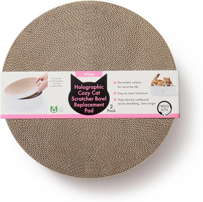 Necoichi Cat Scratcher Bowl Replacement for Indoor Cats - Cat Scratching Lounger with Reversible Usability and Extra Comfort for Lounge, Cardboard Bed Couch / (Regular, Hologram White)