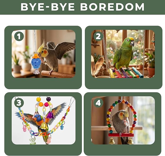 20 Pack Bird Toys for Cockatiels, Parakeet Toys for Cage, Natural Wood Parakeet Perches, Hanging Budgie Toys Swings and Parakeet perches, Essential Avian Playthings for Inside Cage