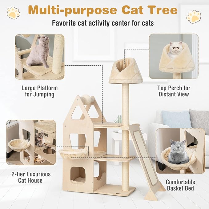 PETSITE 64" Tall Cat Tree Tower for Indoor Cats, Modern Cat Activity Center with Top Perch, Condos, Basket Bed, Sisal Posts, Scratching Board & Ball, Beige