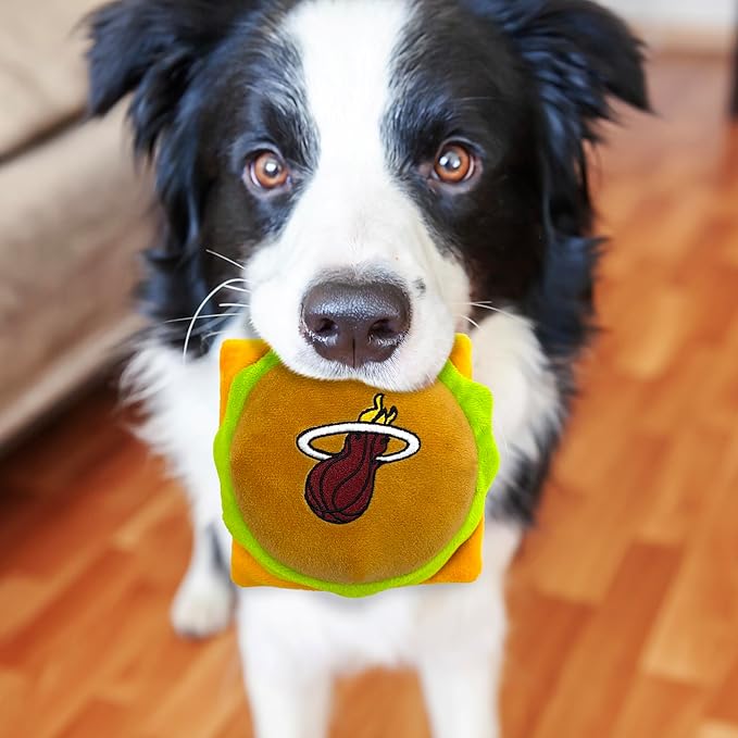 Pets First NBA Miami Heats Cheese Burger Plush Dog & CAT Squeak Toy - Cutest Stadium HAMBERGER Snack Plush Toy for Dogs & Cats with Inner Squeaker & Beautiful Basketball Team Name/Logo, Team Color