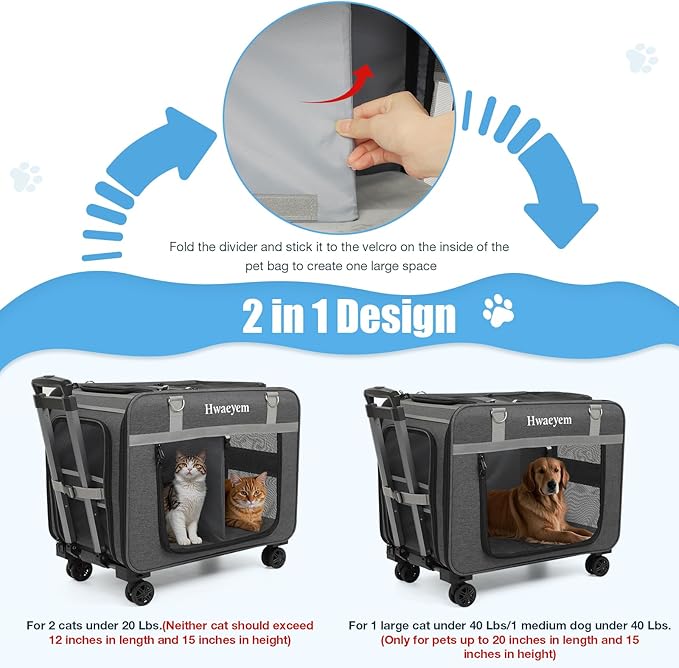 Rolling Cat Carrier for 2 Cats, 24" Large Capacity Pet Carrier with Wheels for Pets up to 40 lbs, Double Compartment Dog Travel Bag with Removable Divider & Telescopic Handle, Foldable(Black, 24inch)