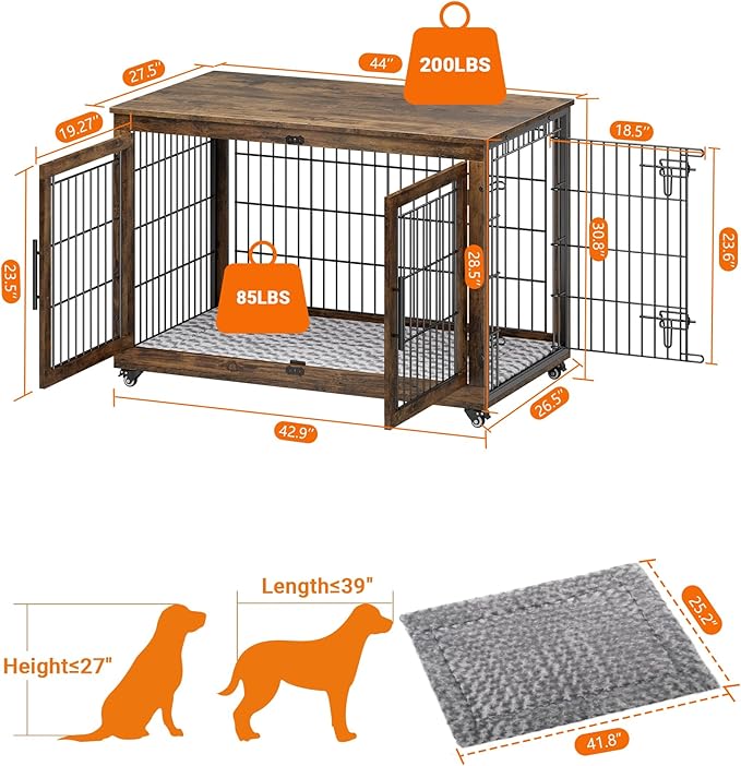 YaFiti Dog Crate Furniture with Cushion, Wooden Dog Kennel Indoor with Double Doors, Dog Cage with Wheels, Dog House Side End Table for Large Dogs up to 85 lb, 44" L, Rustic Brown