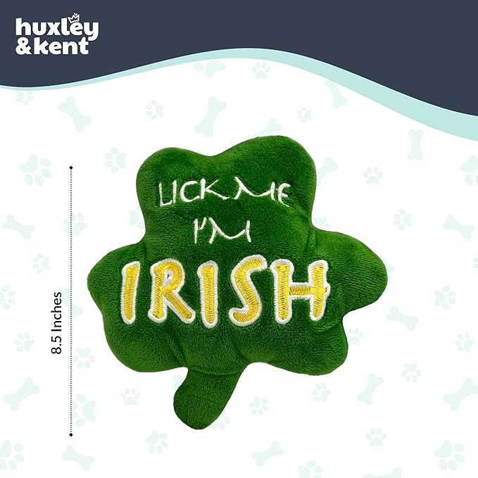 Huxley & Kent Funny Dog Toy w/Squeaker – St. Patrick's Day Power Plush Squeaky Dog Toys for Small, Medium & Large Dogs – Soft Stuffed Animal for Indoor Play & Fetch - Lick Me Shamrock, One Size