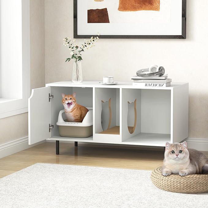 PETSITE Cat Little Box Enclosure, Litter Box Furniture with Removable Scratcher, Metal Legs, Cat Box Enclosure End Side Table, Hidden Litter Box Furniture, 40 x 21 x 22 inches (White)