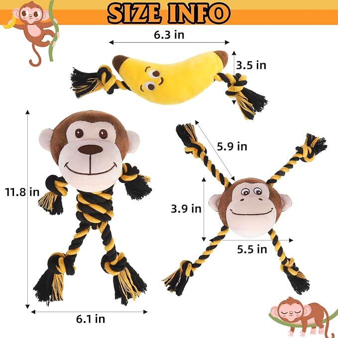 PUPTECK Funny Dog Squeaky Chew Toys - 3 PCS Cute Monkey Plush Stuffed Toys for Puppy Pet Tugging Playing