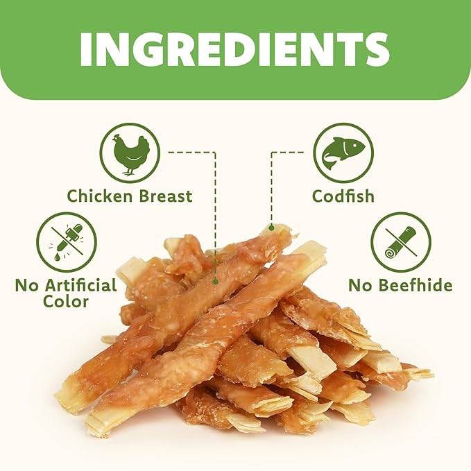 MON2SUN Rawhide Free Dog Treats, 4 Inch Chicken Wrapped Cod Fillet Dog Snacks for Small Dogs, Soft and Training Treats, 20oz (56 Count-Pack of 1)