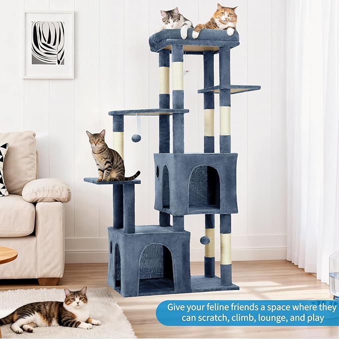 GarveeLife 61" Multi-Level Cat Tree for Indoor Cats, Heavy-Duty Tower for Large Adult & Maine Coon Cats with Oversized Perch, Dual Condos, Natural Sisal Scratching Posts & Play Toys – Light Blue