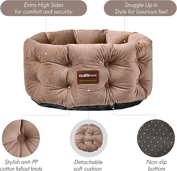 ClevaHome Deep Nest Cat Beds for Indoor Cats, Washable Round Cat Bed, Cute Kitten Bed with Anti-Slip Bottom for Kitty and Puppy, 20inches, Warm Beige