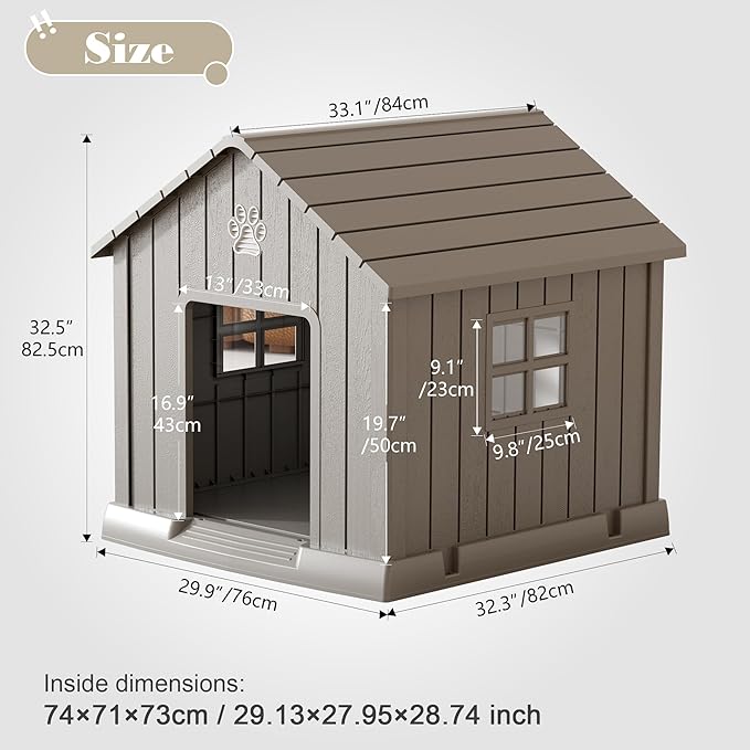 Bifanuo Dog House for Outdoor & Indoor Use with Window, Waterproof Ventilated Kennel with Elevated Floor, Easy to Clean Shelter for Small Medium Dogs (Grey, 29.9" L x 32.3" W x 32.5" H)
