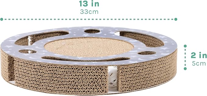 Kitty City Starry Night Corrugate Cat Scratcher with Ball Track Toy - Scratch Pad Lounger, Horizontal Corrugate Nail File Bed for Indoor Kittens, Kitty Enrichment & Play, 13” x 13”