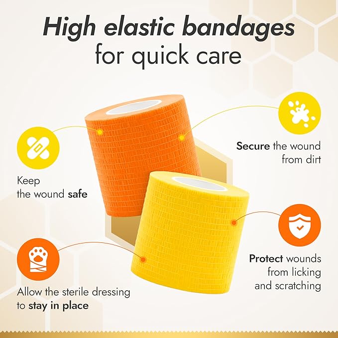 Self-Adhering Elastic Dog Bandages for Wounds – Cat & Dog Bandage Prevents Licking and Scratching – Made from Natural Rubber Latex, the Wrap Sticks to Itself – Set of 9 x 5 cm Rolls
