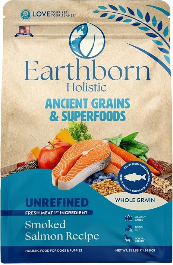 Earthborn Holistic Unrefined Smoked Salmon Ancient Grains & Superfoods All Life Stages Dry Dog Food, Pea-Free Recipe with Quinoa, Pumpkin & Flaxseed, 25 lb Bag