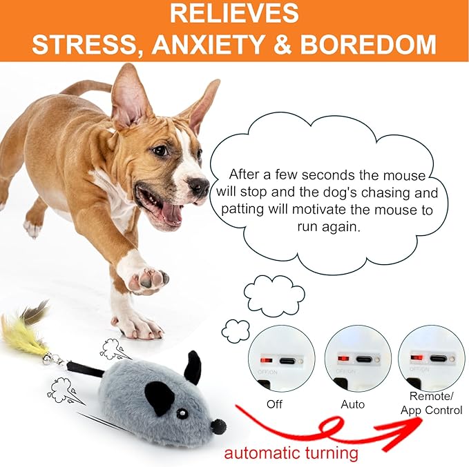 BABORUI Interactive Dog Toys Mouse, Automatic&APP Control Escaping Mice Squeaky Dog Toy with Lights & Auto-Turn, Rechargeable Moving Dog Toys for Small/Medium/Large Dogs & Cats(Grey)