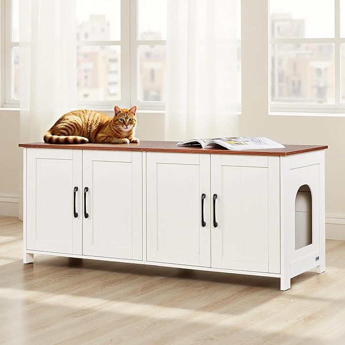 VEVOR Cat Litter Box Enclosure for Multi Cats, 47.2 in Hidden Litter Box Cabinet with 4 Doors & 2 Entries, Indoor Cat Washroom, Wooden Kitty House Furniture, Fit Most Litterboxes, Brown & White