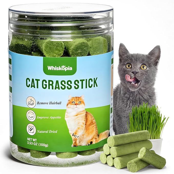 3.53oz Cat Grass Sticks for Indoor Cats Freeze-Dried Cat Grass Teething Treats for Hairball Control, Gut Health & Dental Care Natural Chicken Kitten Crunchy Training Snacks