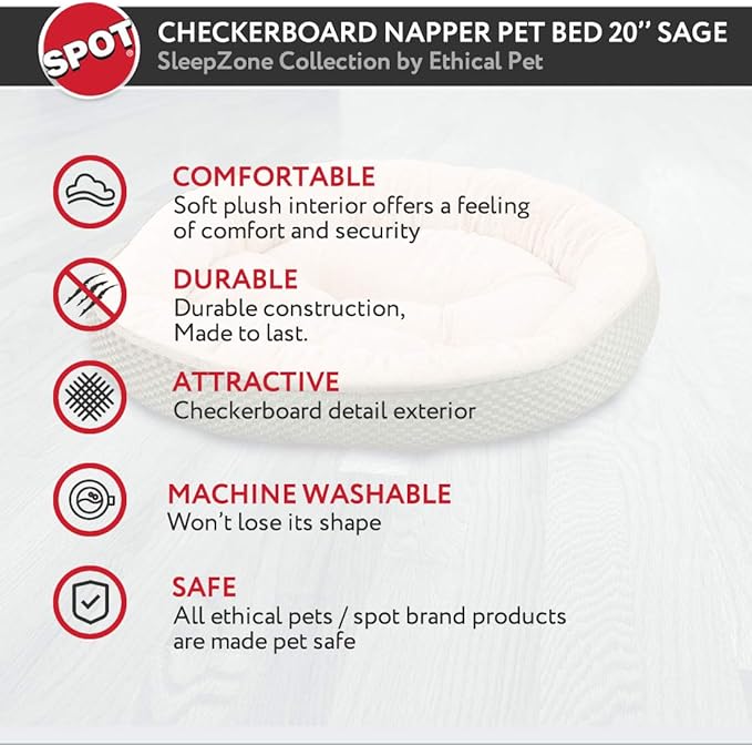 SPOT Sleep Zone Plush Checkerboard Texture Lounger, Cuddler, Napper Dog Bed - Non-Woven Bottom - 20X20 Inches/Sage/Attractive, Durable, Comfortable, Washable