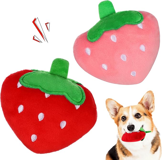 Beavorty Strawberry Squeaky Dog Toy 3.54 Inch Fruit Shape Pet Chew Toy for Puppies Cats 2 Pack Rubber Plaything to Reduce Destructive Chewing